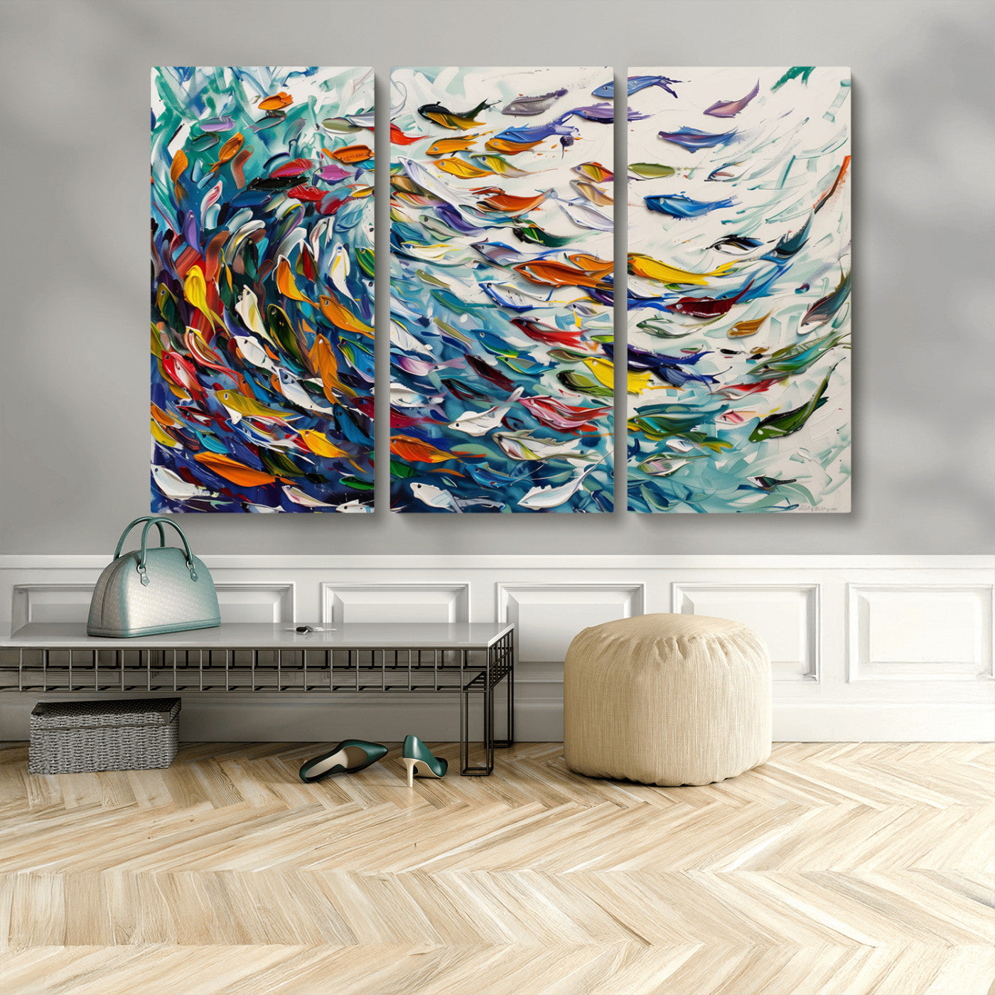 MGV-CV-48X32-3P - Modern Abstract Fish Shoal Wall Art Canvas Print, Colorful Fish Herd Painting on Canvas Print, Ocean