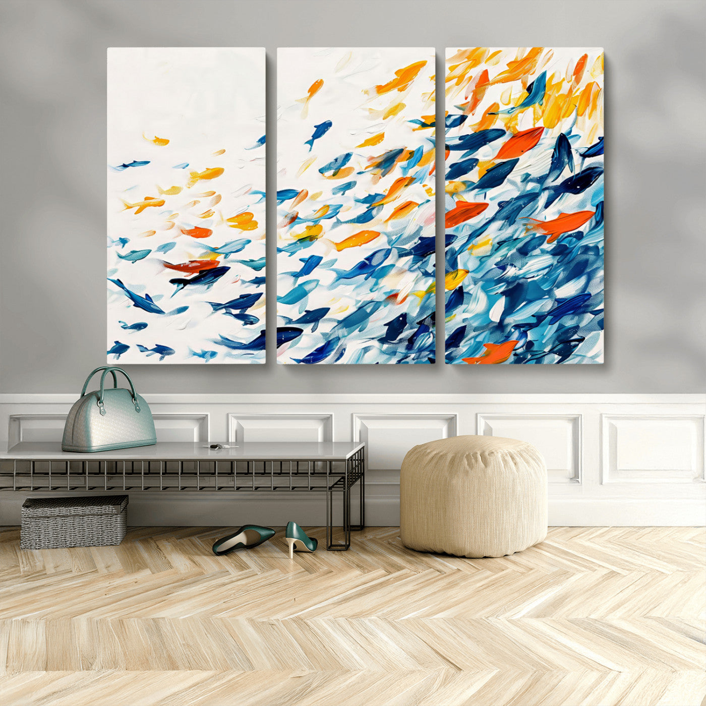 MGV-CV-48X32-3P - Abstract Fish Shoal Wall Art Canvas Print, Colorful Fish Herd Painting on Canvas Print, Ocean Animal