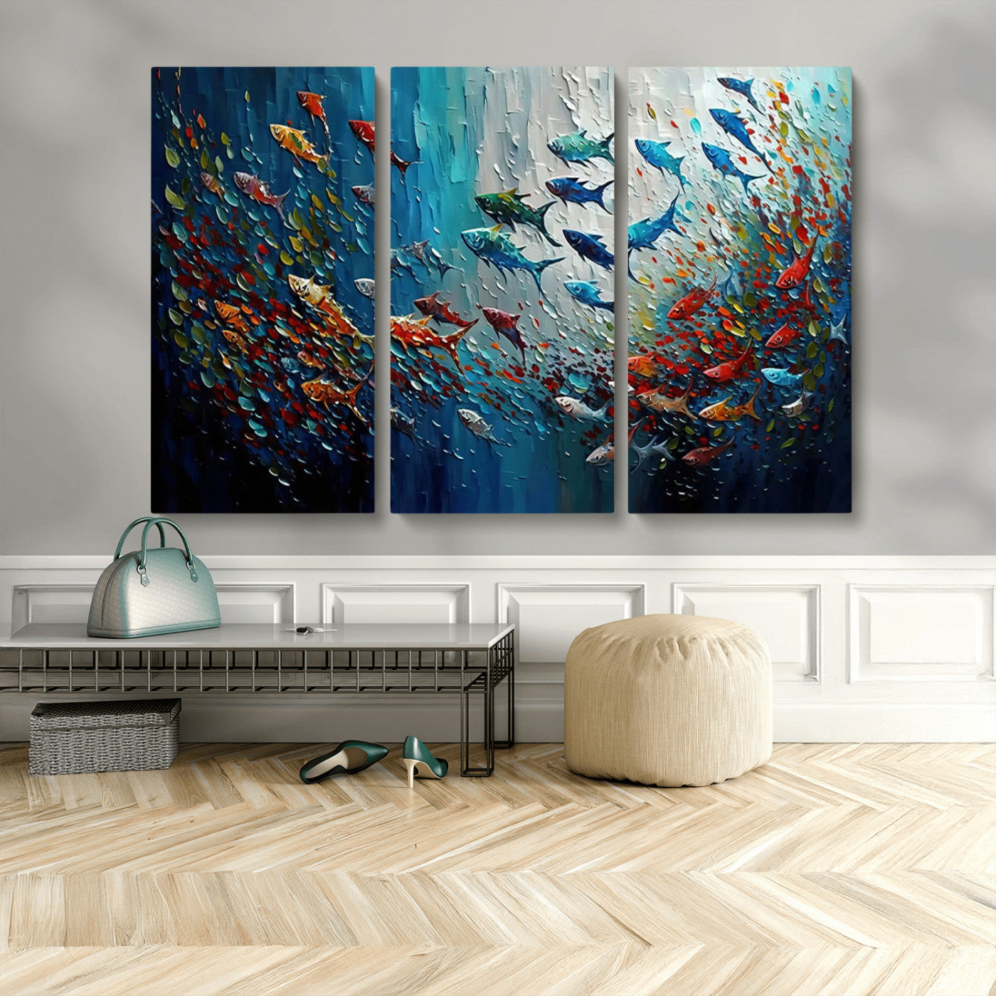 MGV-CV-48X32-3P - Modern Abstract Fish Shoal Wall Art Canvas Print, Colorful Fish Herd Painting on Canvas Print, Ocean