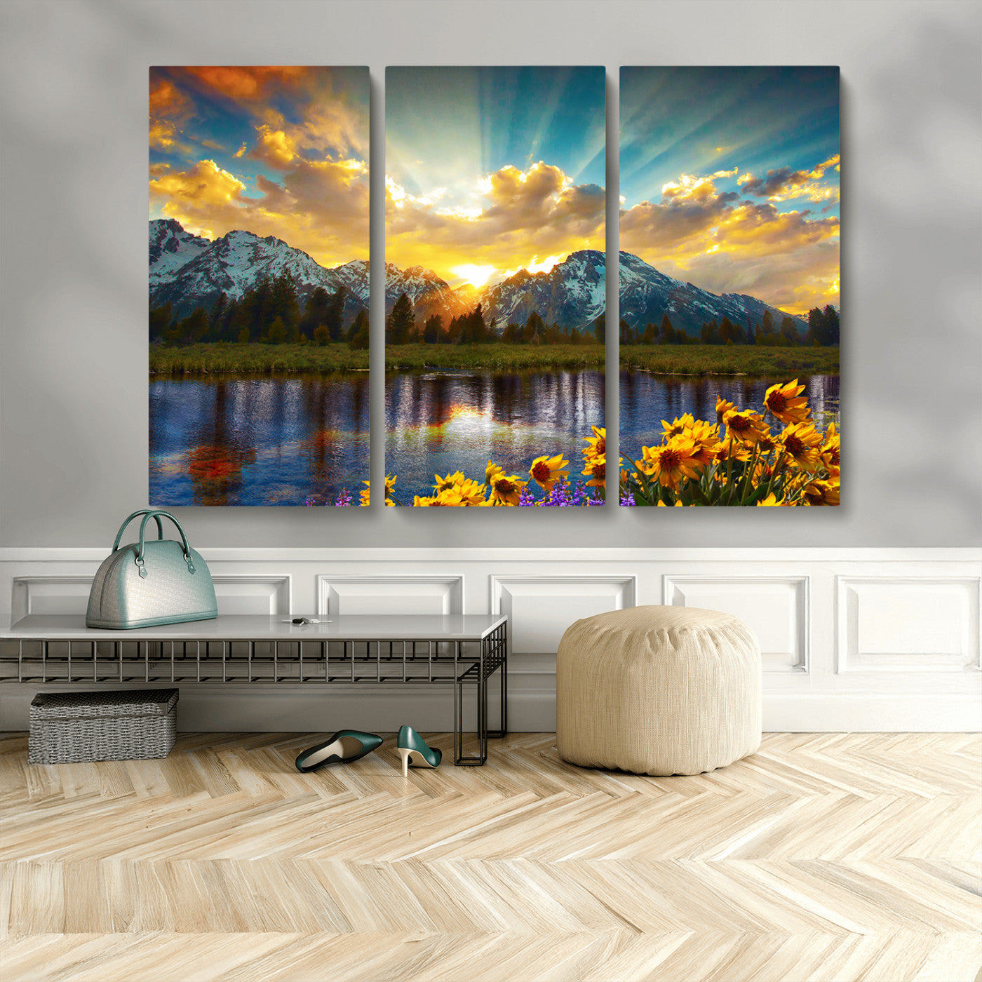 MGV-CV-48X32-3P - Grand Teton Park Amazing Mountain Landscape Sunset Wall Art Canvas Print