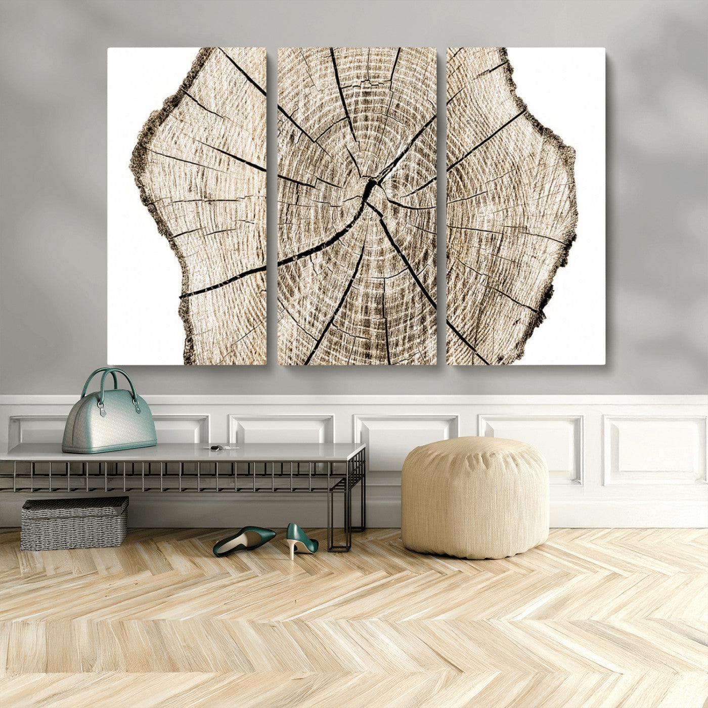 MGV-CV-48X32-3P - Abstract Wood Tree Ring Wall Art - Ready to Hang Minimalist Wooden Design for Rustic & Contemporary