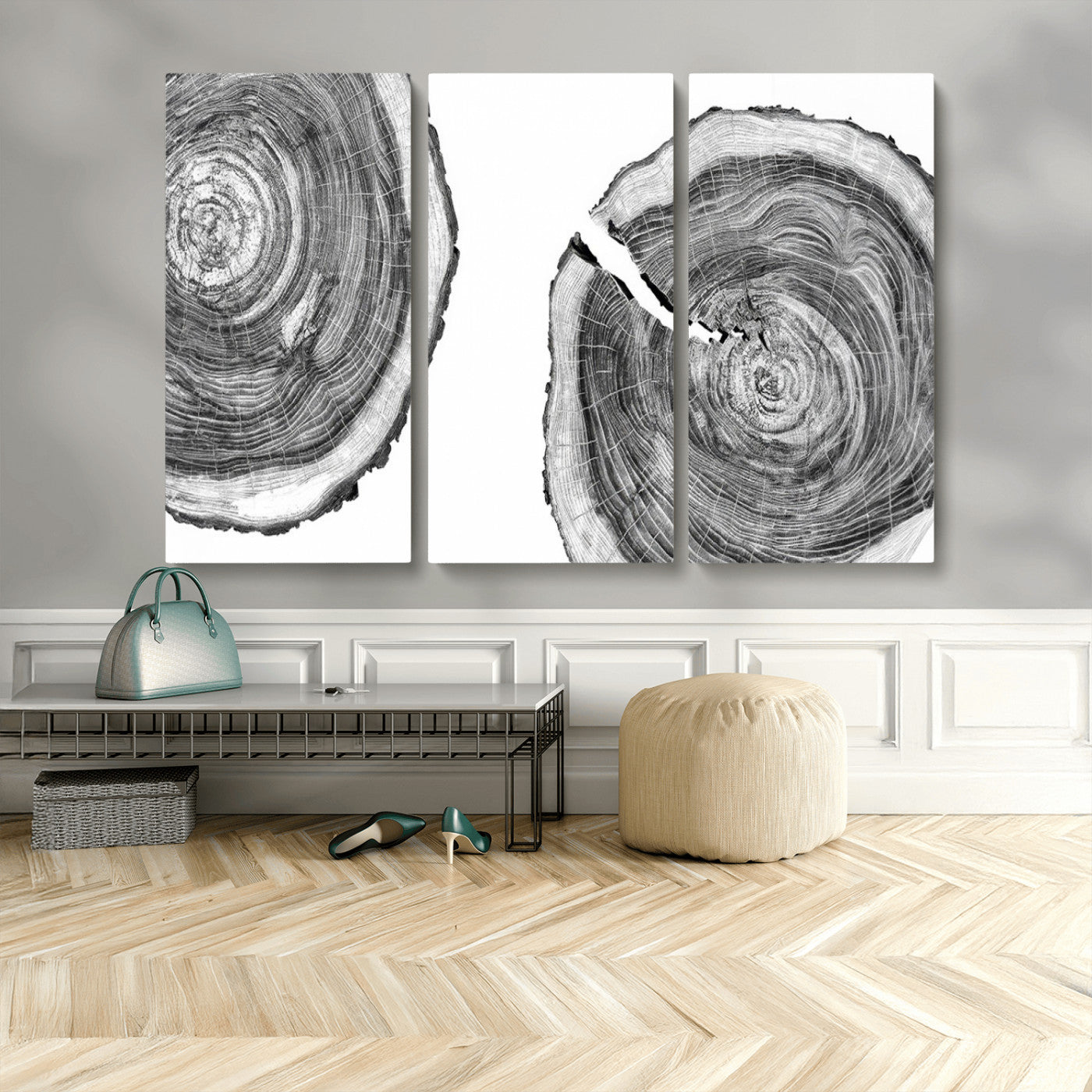 MGV-CV-48X32-3P - Modern Black and White Tree Rings Canvas Wall Art – Nature Inspired Wood Slice Print – Minimalist