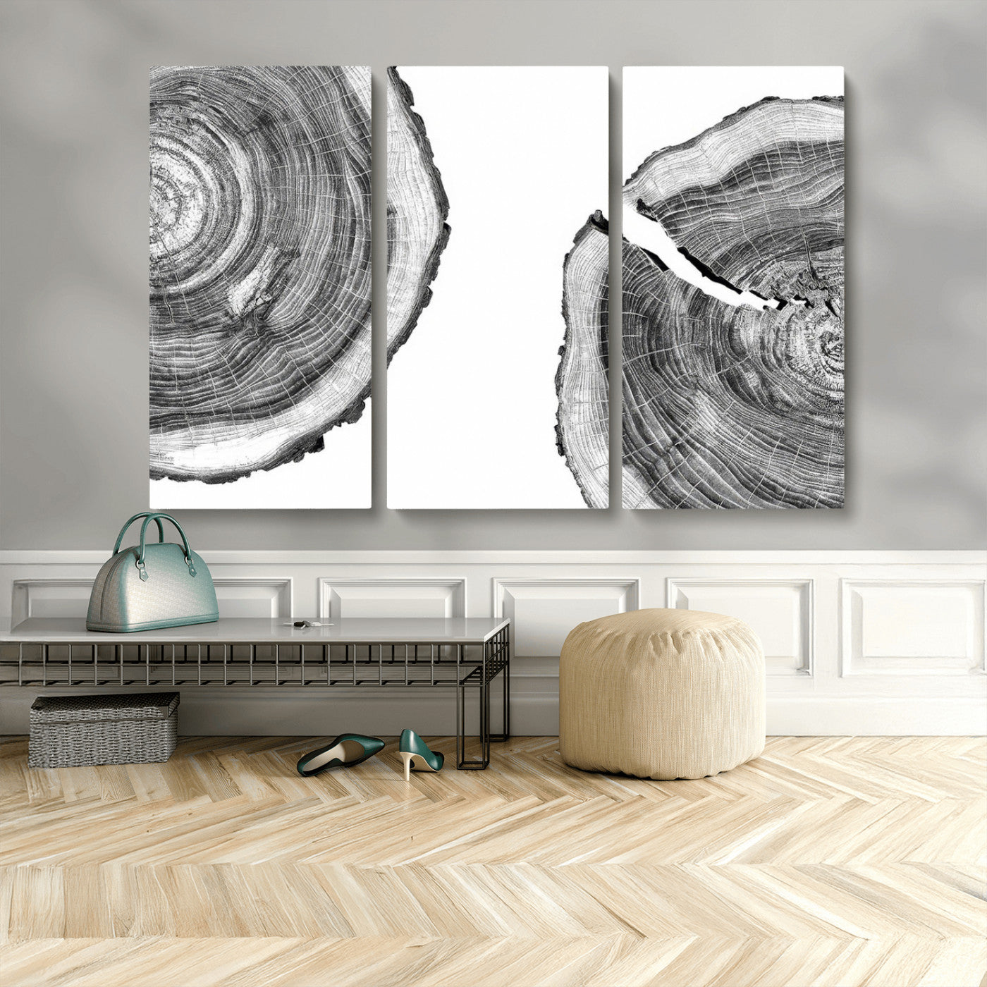 MGV-CV-48X32-3P - Abstract Large Tree Rings – Minimalist Black and White Wood Art | Triptych Canvas, Modern Wall Decor