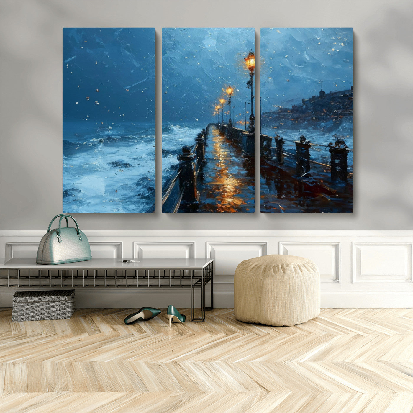 MGV-CV-48X32-3P - Stormy Night at Beach Pier Oil Painting Large Wall Art Print, Framed Canvas Nature Wall Decor,