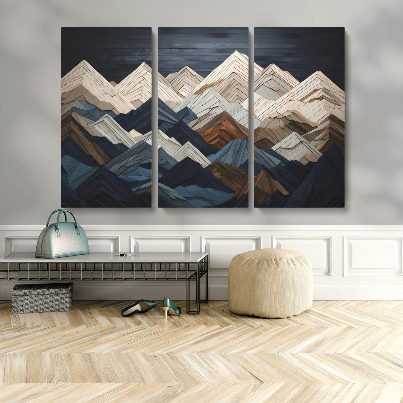 MGV-CV-48X32-3P - Mountain Range Art Wood Style Wall Art - Ready to Hang 3-Piece Set for Modern Rustic Decor, Abstract