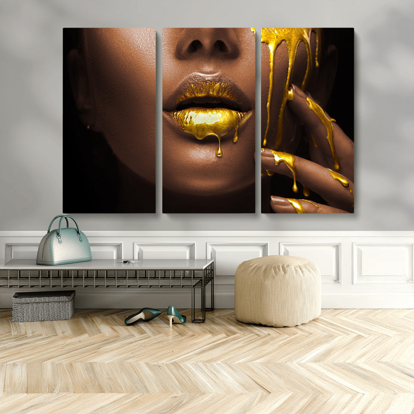 MGV-CV-48X32-3P - African American Art Black Woman Canvas Print, African Wall Art, Fashion African Woman Gold Lips