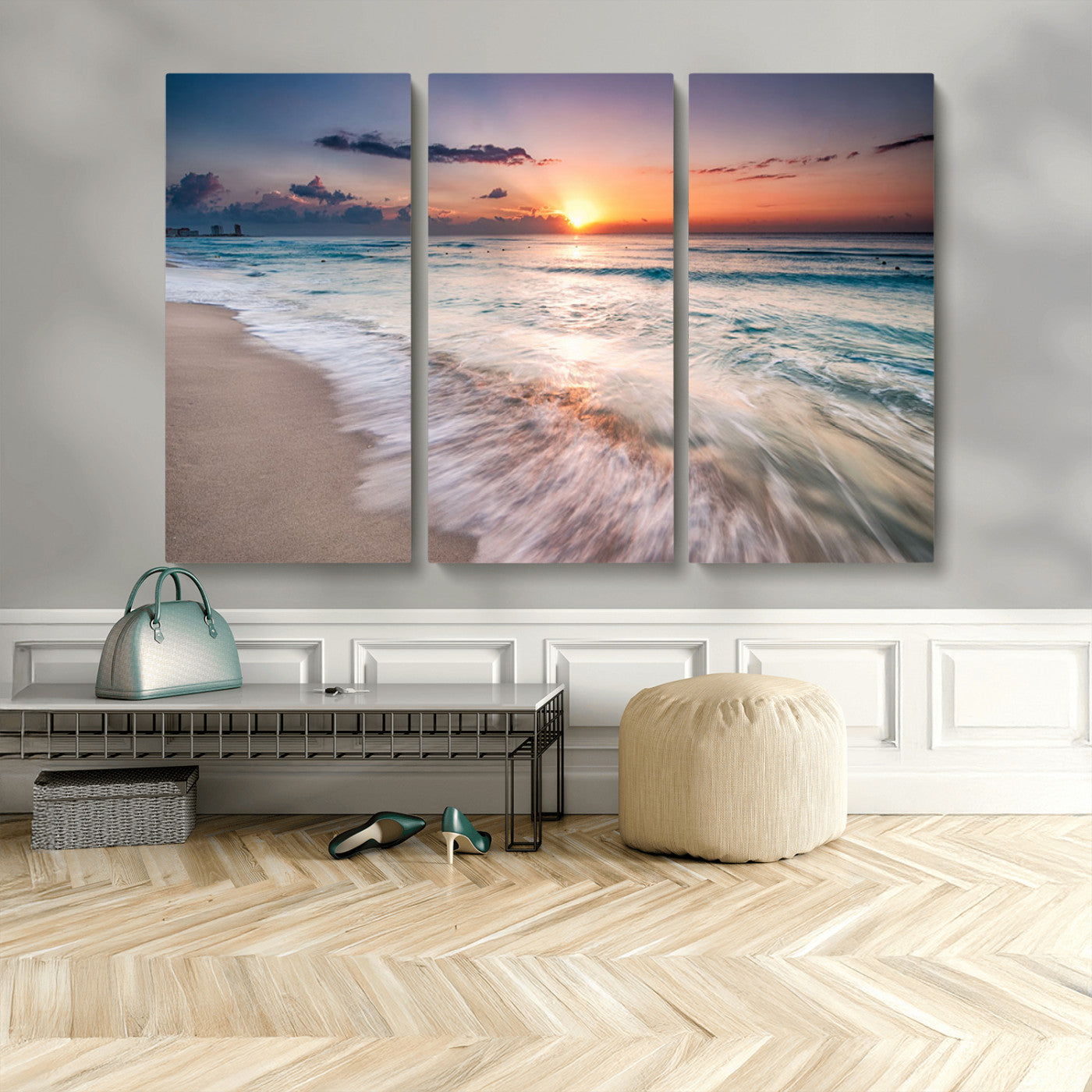 MGV-CV-48X32-3P - Sunset Beach Wall Art – Soothing Coastal Landscape, Ready to Hang for Tranquil Home Decor