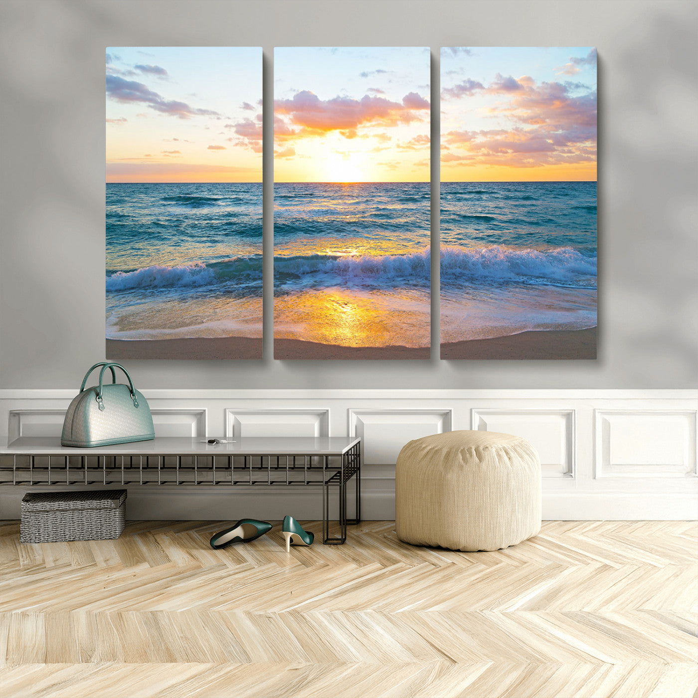 MGV-CV-48X32-3P - Golden Sunset Over Ocean Waves - Serene Coastal Triptych Wall Art for Relaxing Home Decor, Ready to