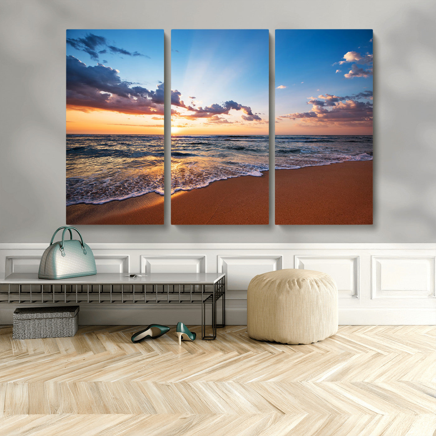 MGV-CV-48X32-3P - Golden Hour Beach Sunset Wall Art | Canvas Print | Ready to Hang | Coastal Wall Art for Living Room