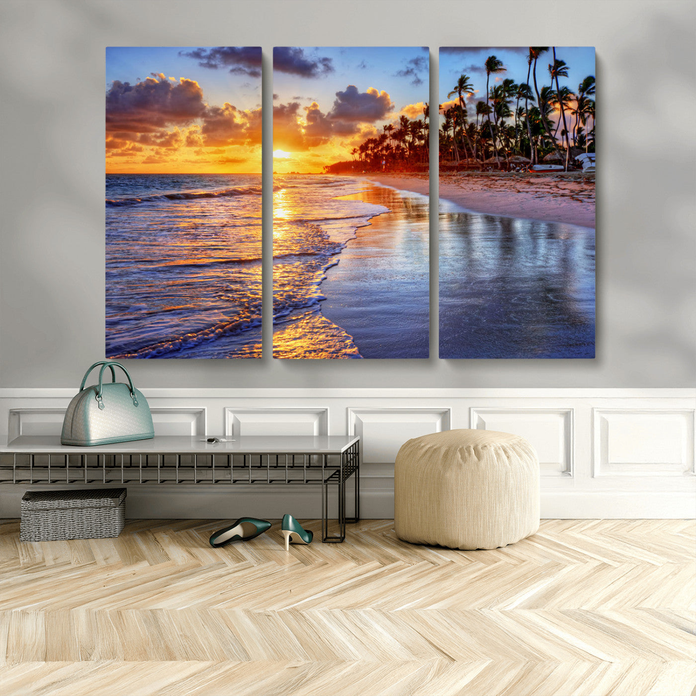 MGV-CV-48X32-3P - Serene Beach Sunset Wall Art Canvas- Coastal Seascape Print for Living Room or Bedroom, Ocean Waves