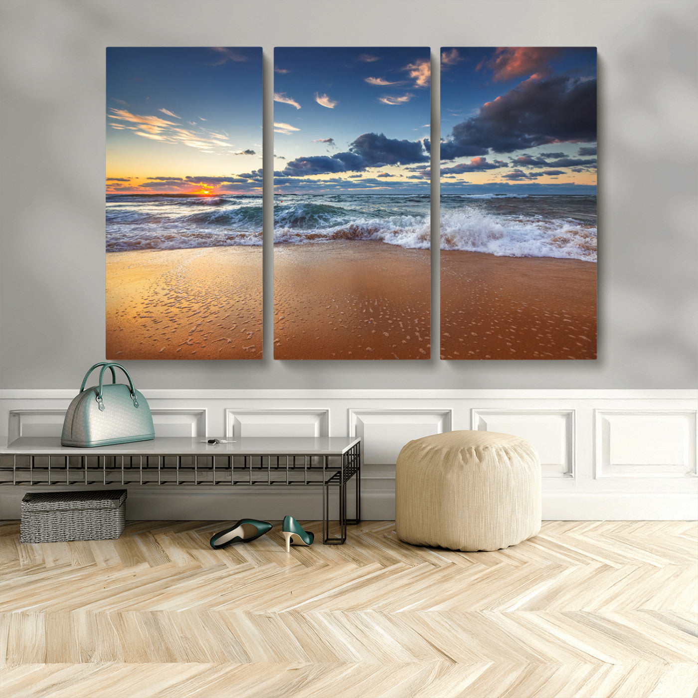 MGV-CV-48X32-3P - Beach Canvas Wall Art - Coastal Seascape Print for Living Room or Bedroom, Ocean Waves on Sand,