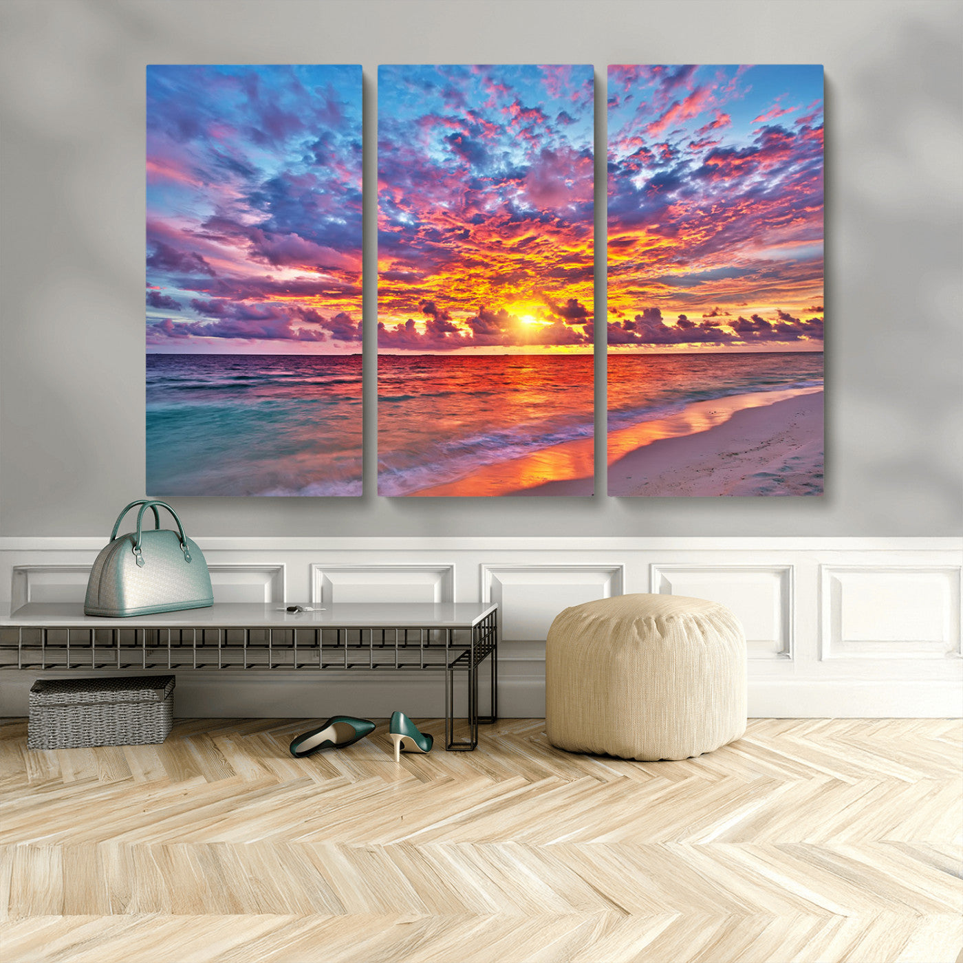 MGV-CV-48X32-3P - Vibrant Sunset Beach Wall Art - Ocean Sunset Canvas Print | Coastal Wall Art Decor Stunning Sunset