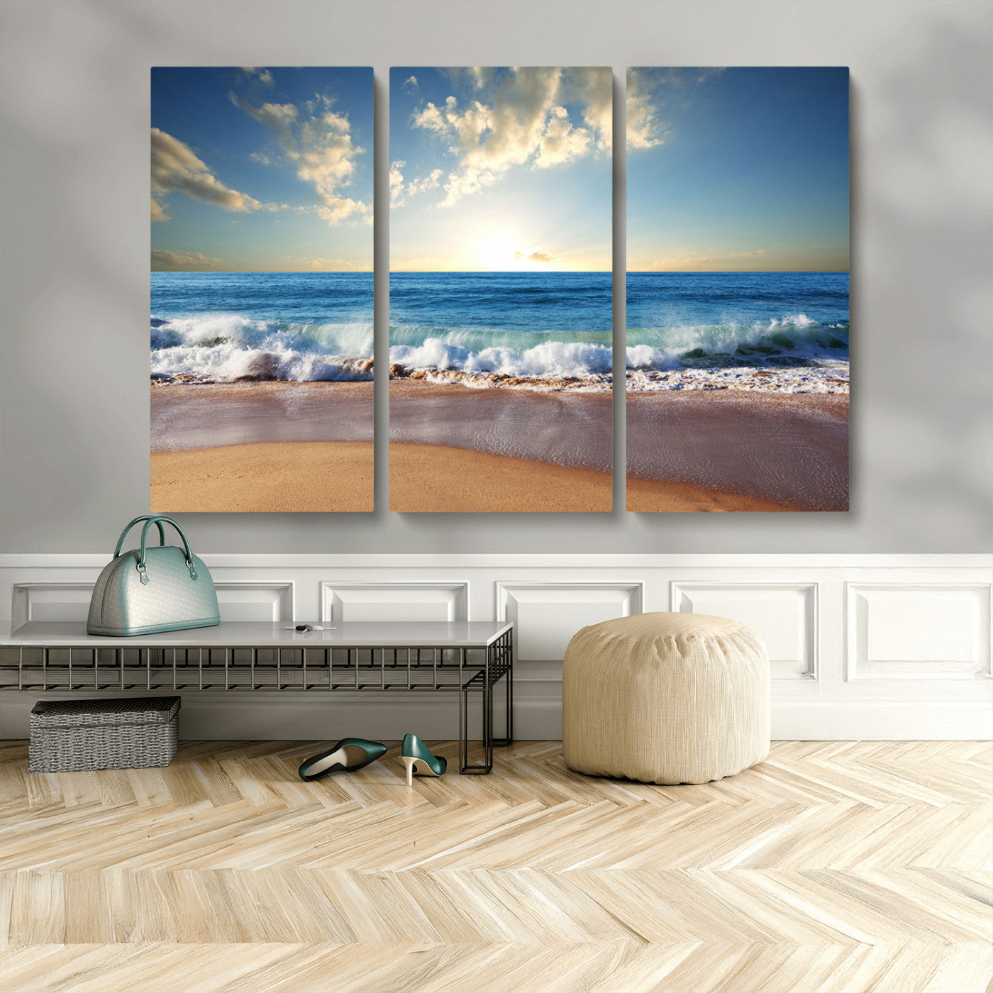 MGV-CV-48X32-3P - Serene Ocean Sunset Canvas Wall Art - Beach Waves at Sunset, Ready to Hang