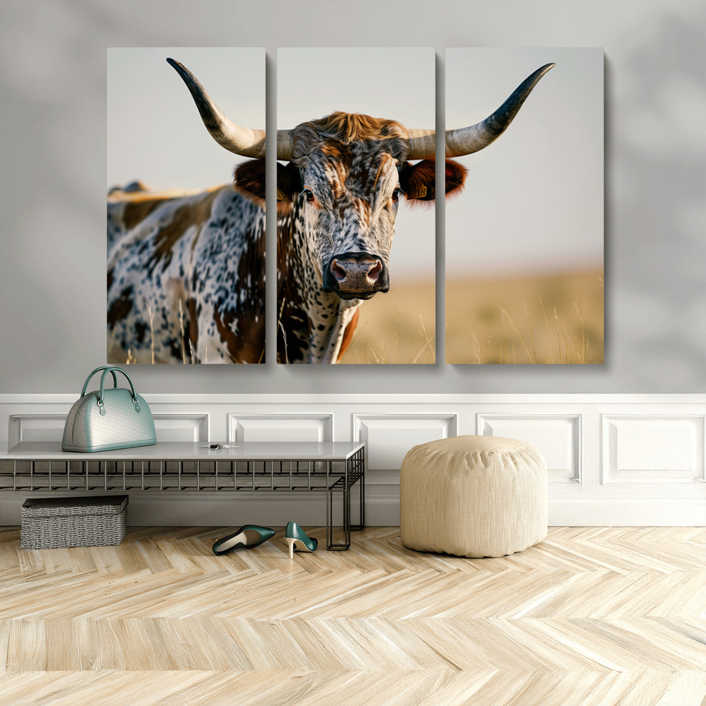 MGV-CV-48X32-3P - Texas Bull Longhorn Wall Art Canvas Print for Farm House Wall Decor, Farmhouse Wall Art Print