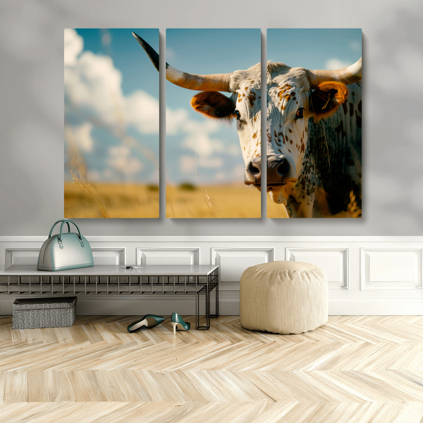 MGV-CV-48X32-3P - Longhorn in the Prairie - Stunning Ranch-Style Triptych Wall Art for Western Home Decor, Cowboy Wall