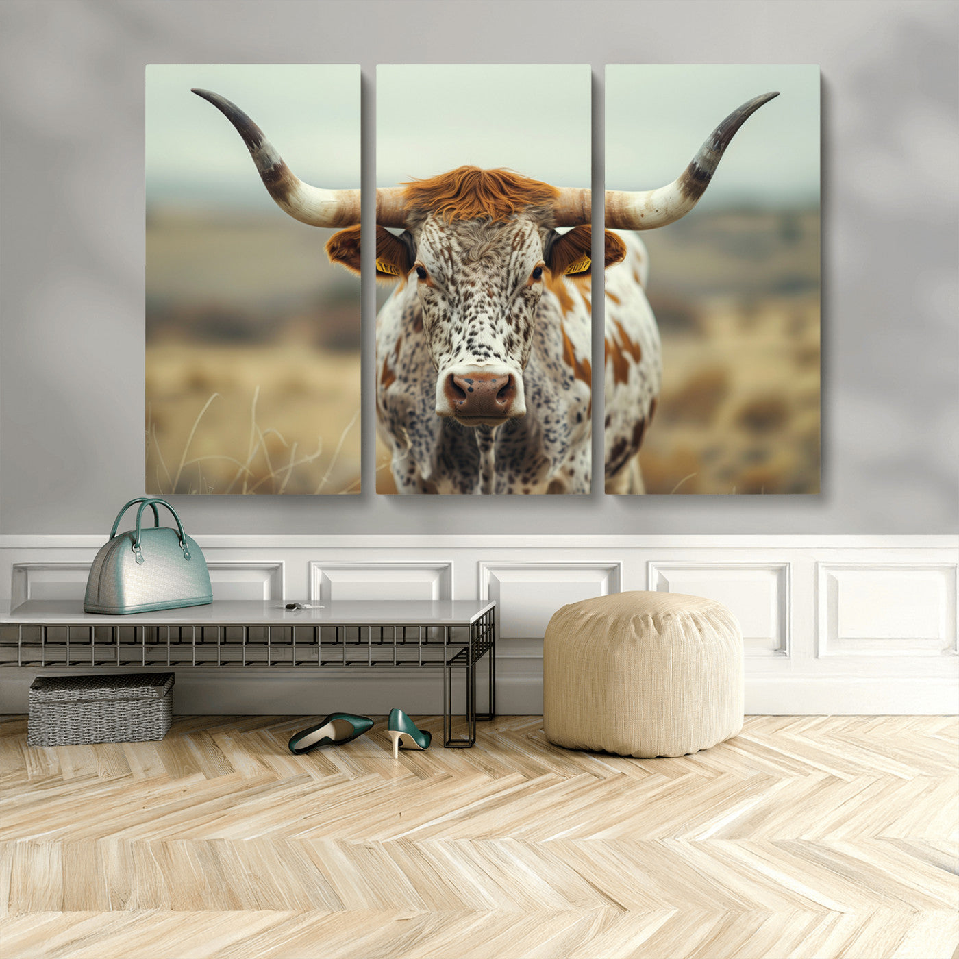 MGV-CV-48X32-3P - Texas Cow Longhorn Wall Art Canvas Print for Farm House Wall Decor, Farmhouse Wall Art Print