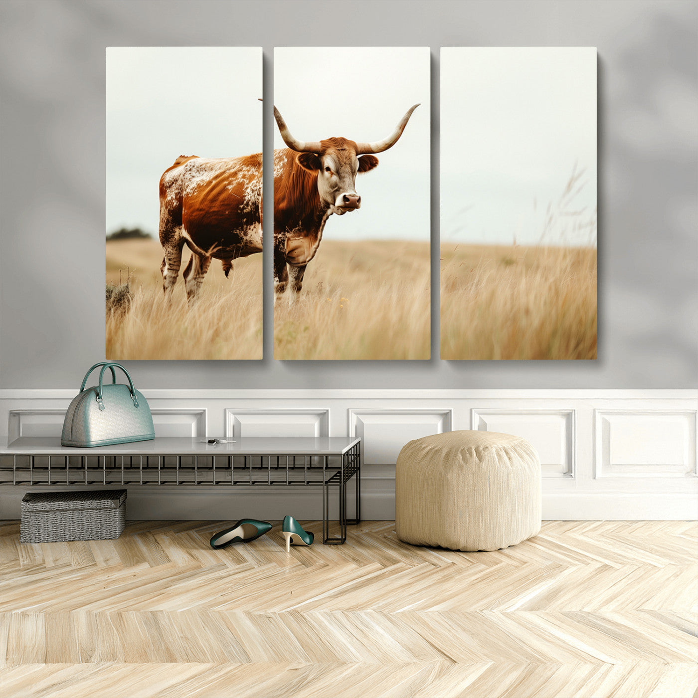MGV-CV-48X32-3P - Texas Longhorn Canvas Wall Art Print – Majestic Western Cattle in Rustic Farmhouse Decor – Cow Wall