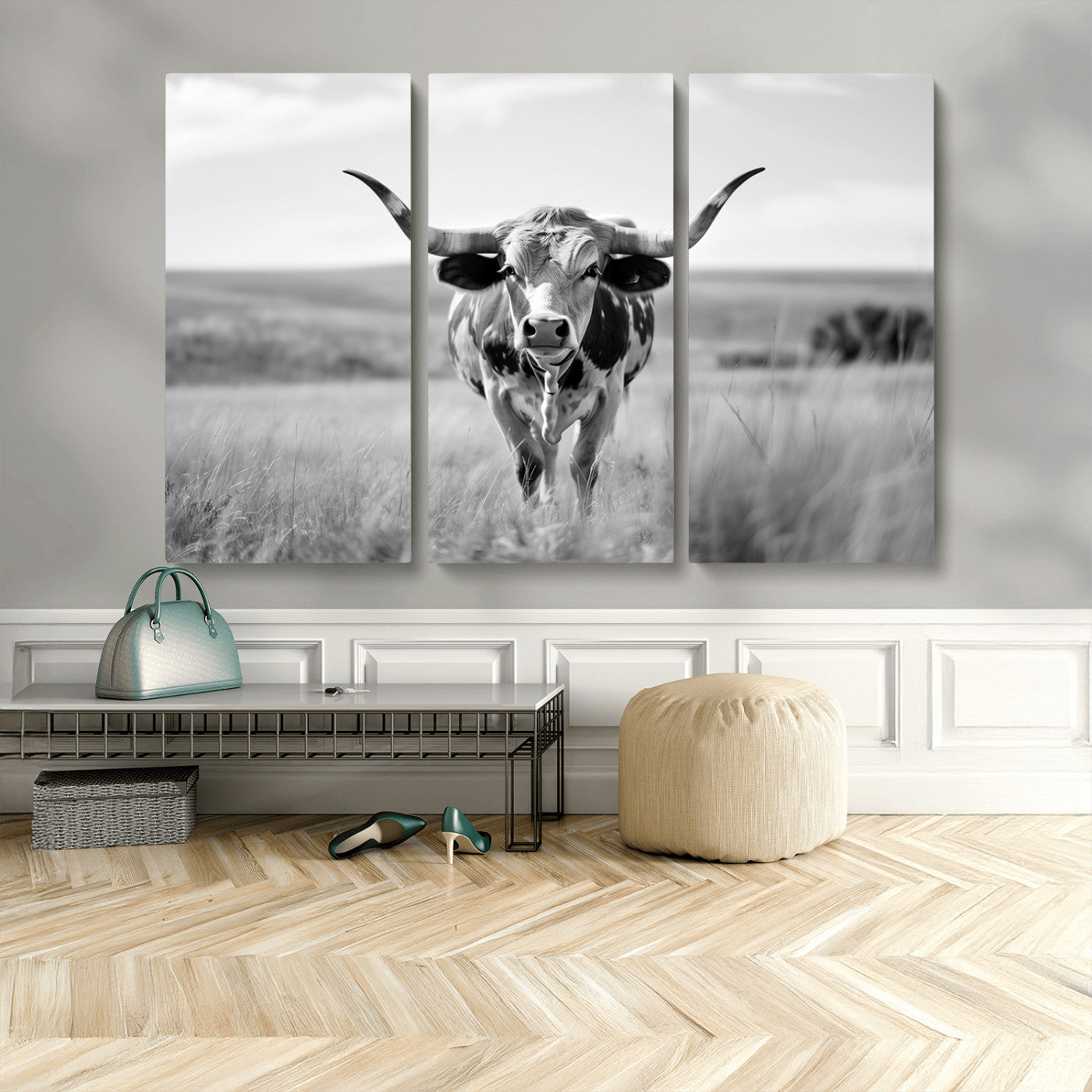 MGV-CV-48X32-3P - Texas Cow Longhorn Wall Art Canvas Print for Farm House Wall Decor, Farmhouse Wall Art Print
