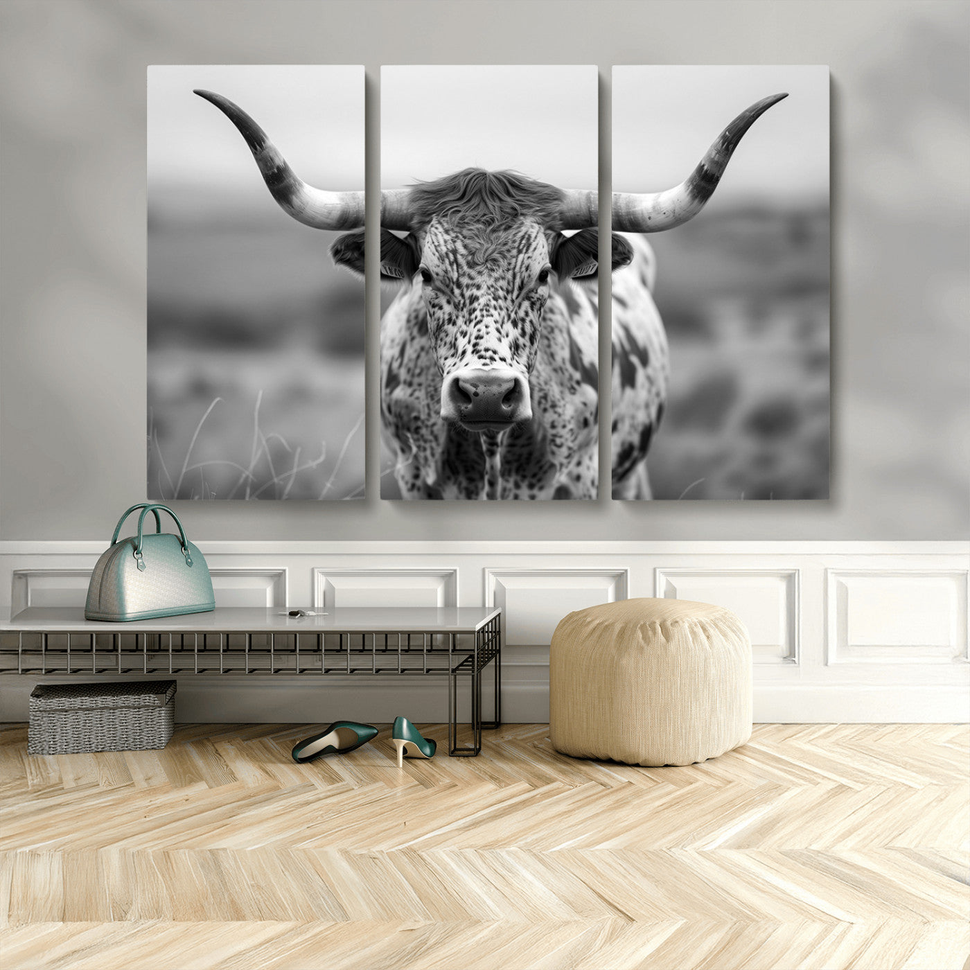 MGV-CV-48X32-3P - Texas Cow Longhorn Wall Art Canvas Print for Farm House Wall Decor, Farmhouse Wall Art Print