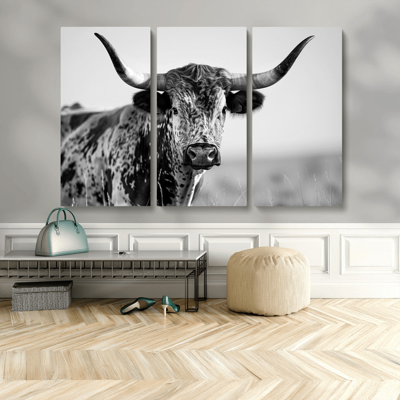 MGV-CV-48X32-3P - Texas Highland Cow Longhorn Canvas Print - Rustic Farmhouse Wall Art - Large Texas Longhorn