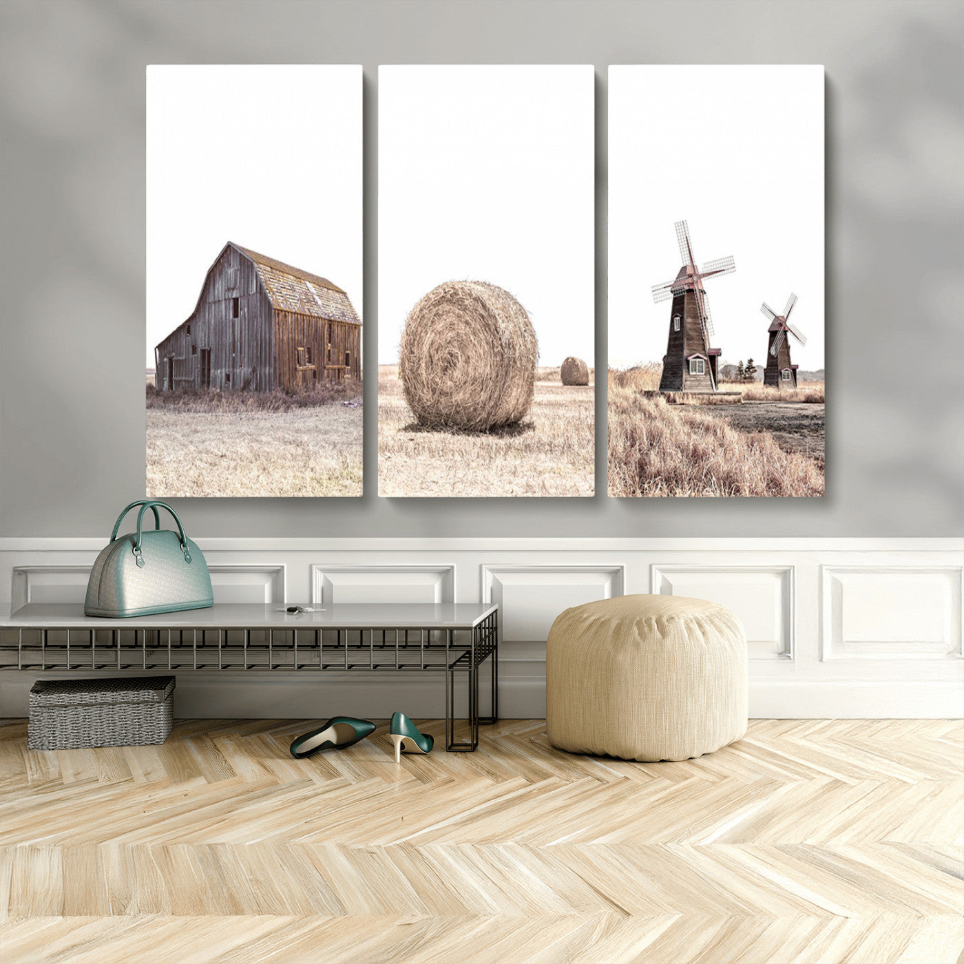 MGV-CV-48X32-3P - Farm Prints Set, Set of 3 Farmhouse Wall Art, Country House Decor, Barn Print, Wheat Print,