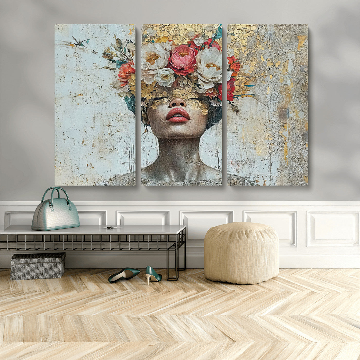 MGV-CV-48X32-3P - Golden Petal Wall Art Canvas Print - Silhouette Woman Wall Art Canvas Print, Floral Woman Portrait