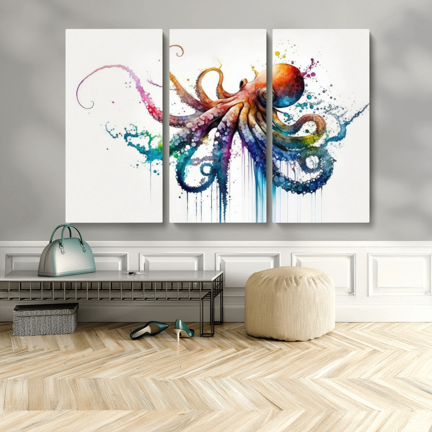 MGV-CV-48X32-3P - Watercolor Vibrant Octopus Wall Art Canvas Print | Abstract Sea Life Art | Colorful Marine Creature