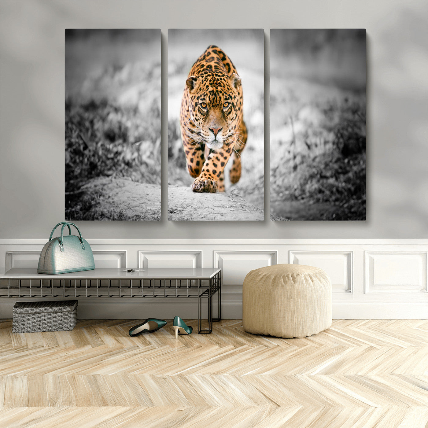 MGV-CV-48X32-3P - Jaguar Wall Art Canvas Print - Majestic Big Cat in Focused Pursuit - Ready to Hang