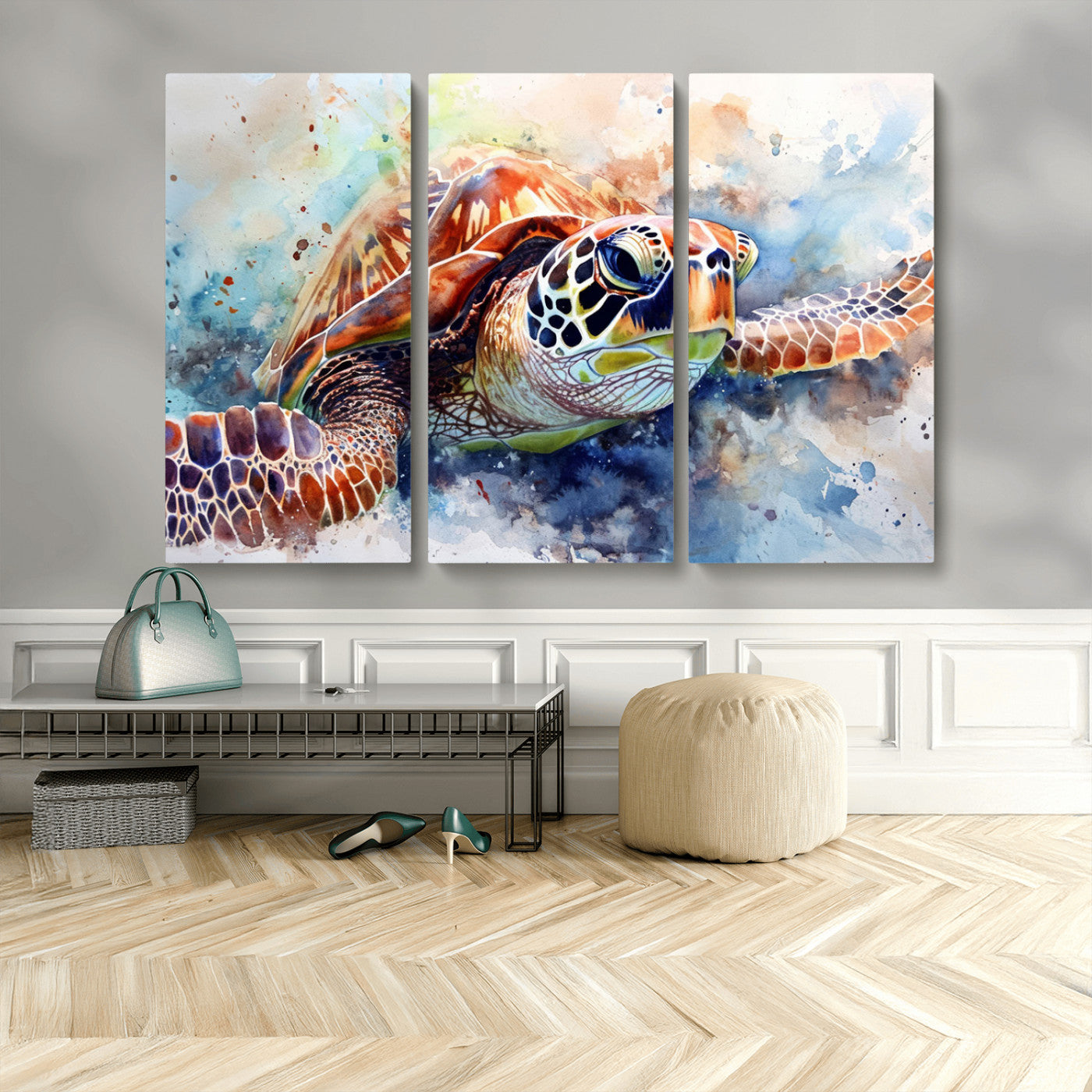 MGV-CV-48X32-3P - Watercolor Sea Turtle Wall Art Canvas Print - Vibrant Ocean Colors in Watercolor Style - Ready to