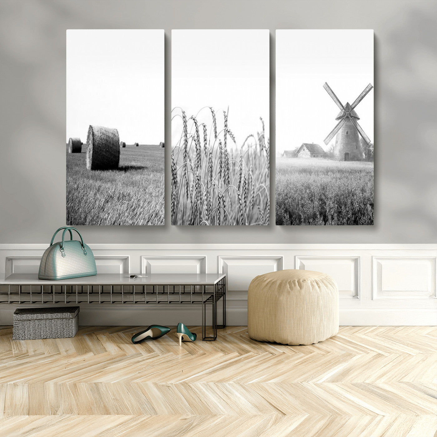 MGV-CV-48X32-3P - Vintage Farmhouse Black and White Triptych Wall Art – Giclee Canvas Featuring Wheat Fields, Hay