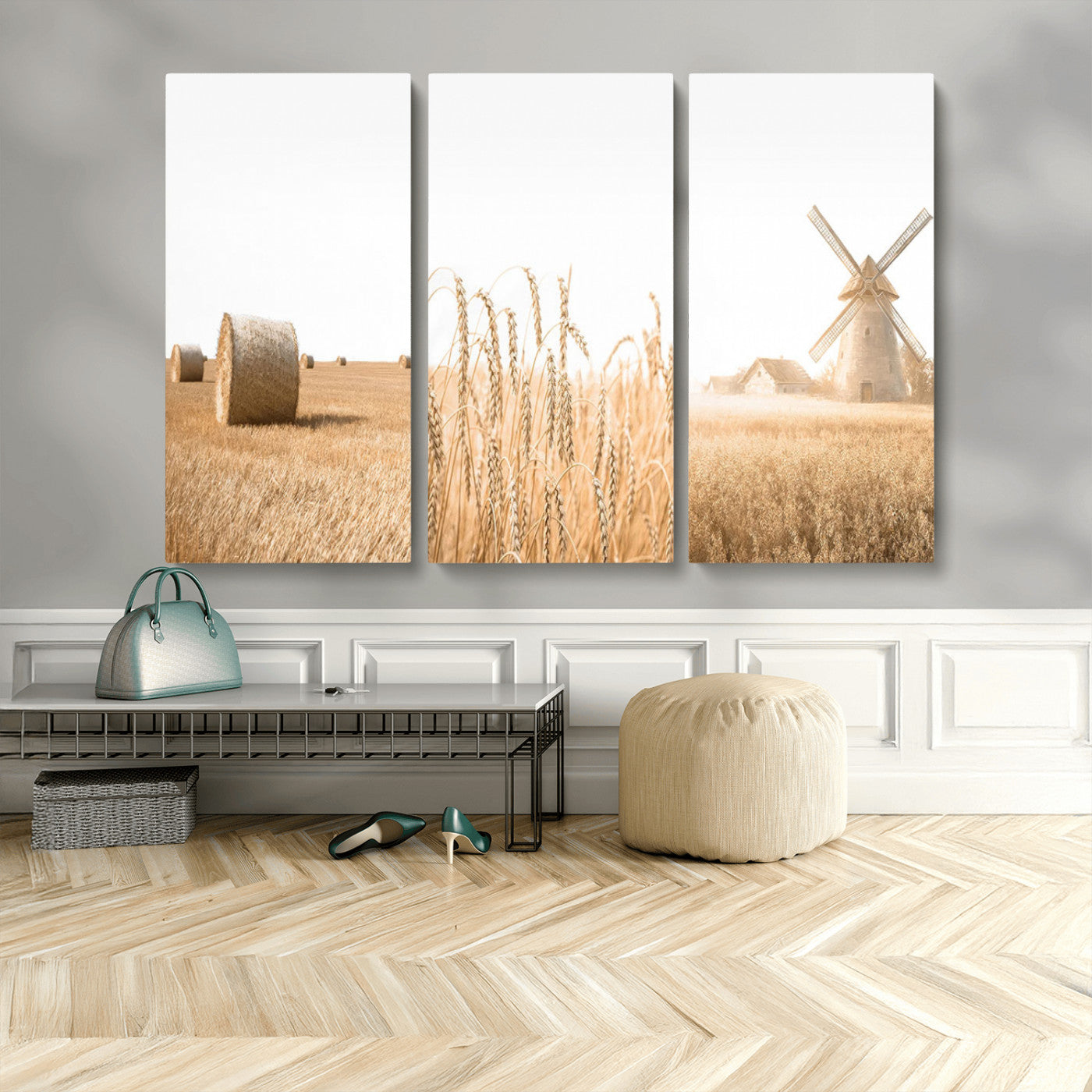 MGV-CV-48X32-3P - Vintage Farmhouse Triptych Wall Art – Giclée Canvas Featuring Wheat Fields, Hay Bales, and a
