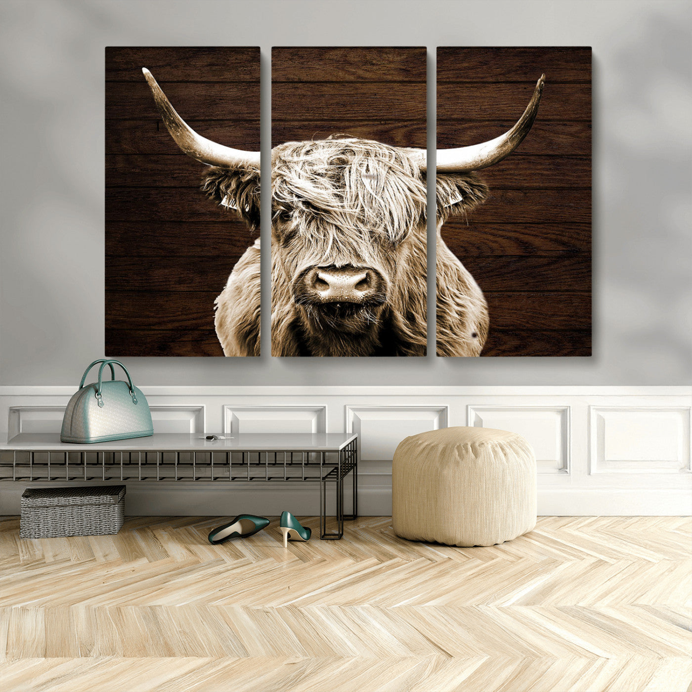 MGV-CV-48X32-3P - Highland Cow Wall Art Canvas Print, Rustic Farmhouse Decor, Majestic Scottish Highland Bull Portrait