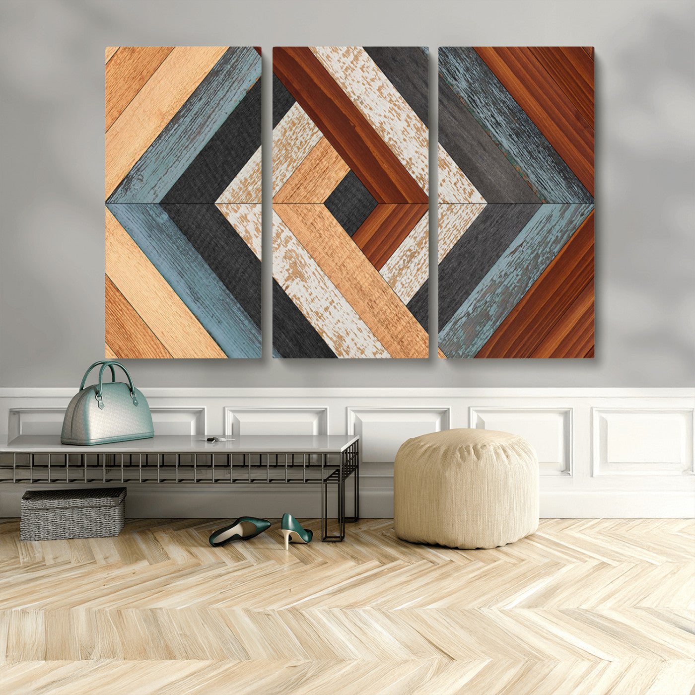 MGV-CV-48X32-3P - Geometric Wood Art Wall Decor Canvas Print, Rustic Wooden Pattern Triptych Wall Art for Living Room