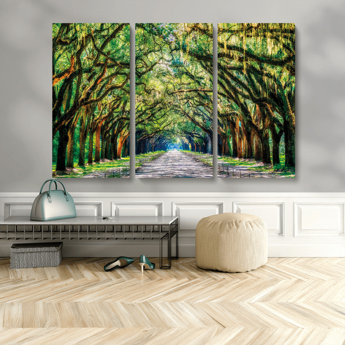 MGV-CV-48X32-3P - Serene Tree Tunnel Wall Art Canvas Print – Pathway Under Canopy of Lush Green Trees, Nature-Inspired