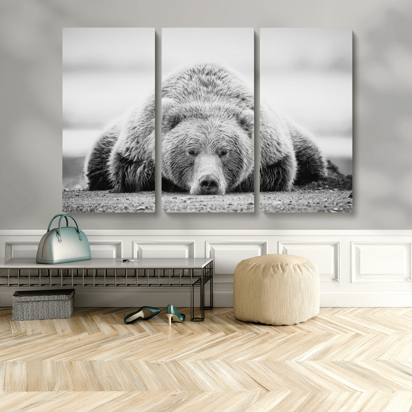 MGV-CV-48X32-3P - Resting Grizzly Bear Wall Art Canvas Print – Majestic Lazy Black and White Wildlife Bear Art,