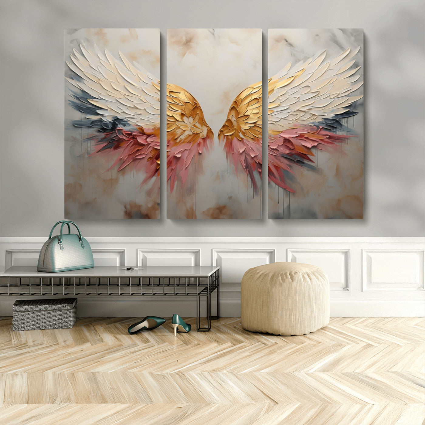MGV-CV-48X32-3P - Golden Angel Wings Wall Art Canvas Print – Stunning Abstract Winged Art for Elegant Home Decor –