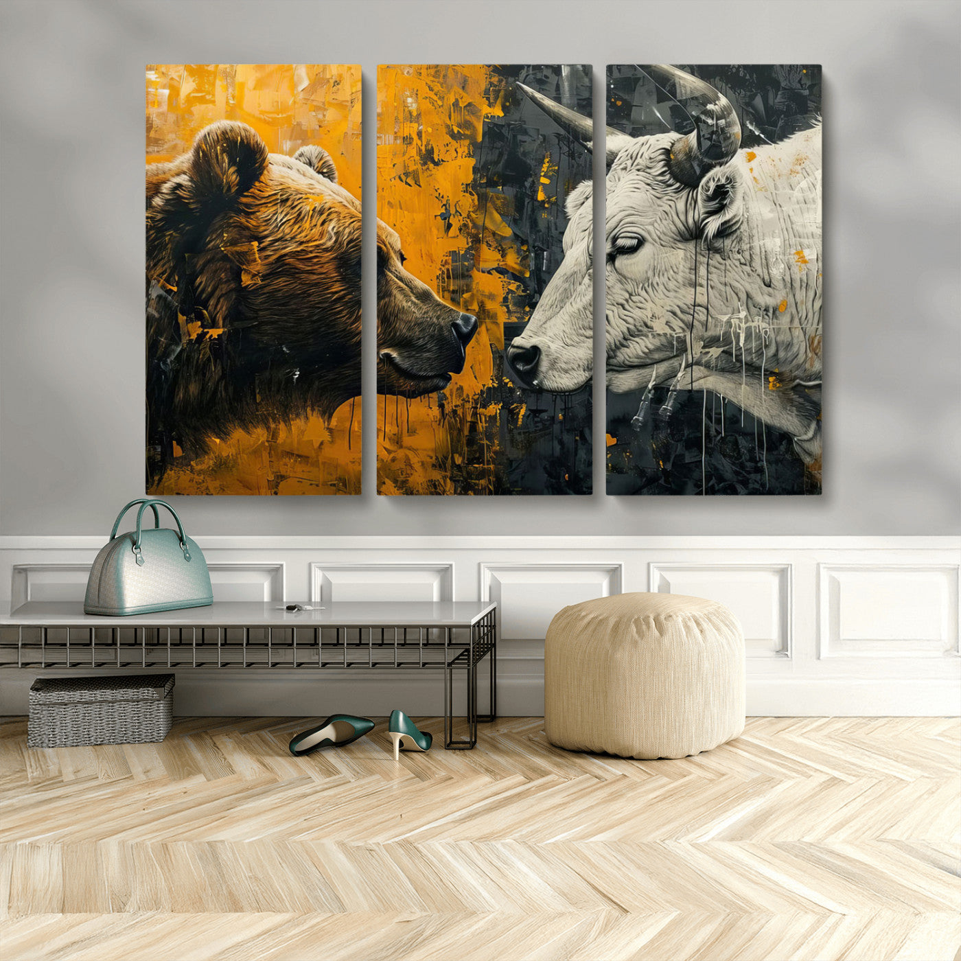 MGV-CV-48X32-3P - Bear and Bull Wall Art Canvas Print – Abstract Animal Portrait Painting for Modern Home Decor –