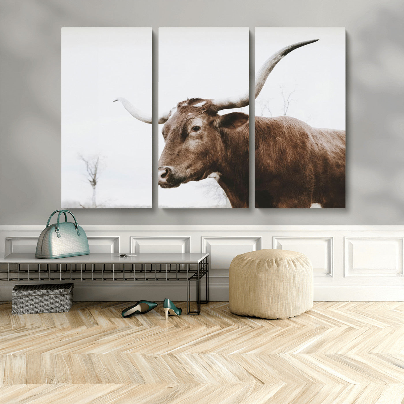 MGV-CV-48X32-3P - Rustic Bull Wall Art Canvas Print – Modern Longhorn Farmhouse Animal Decor – Abstract Farm Cow
