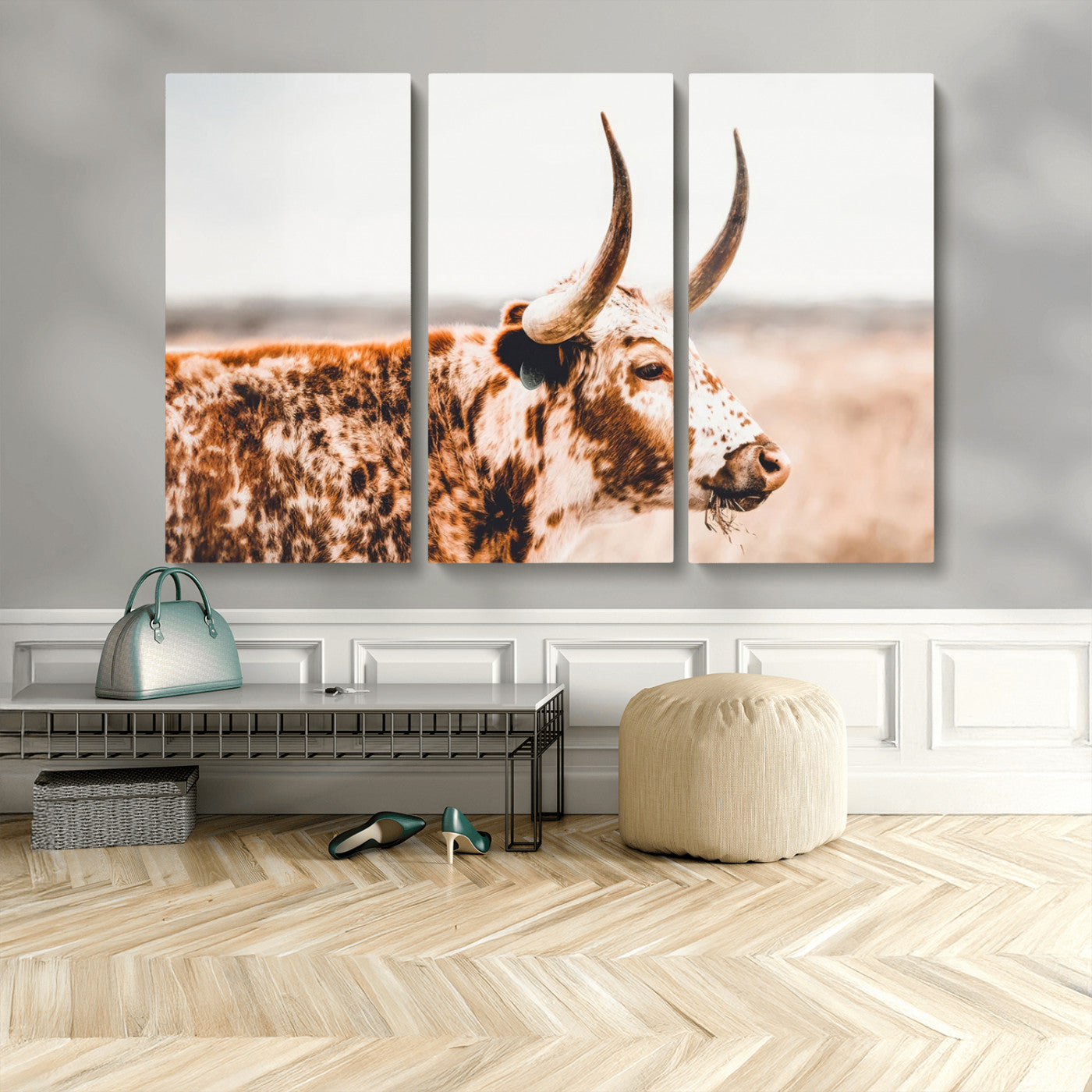 50356-MGV-CV-48X32-3P-Speckled Bull Wall Art Canvas Print – Rustic Cow Longhorn Farmhouse Animal Decor – Western Longhorn