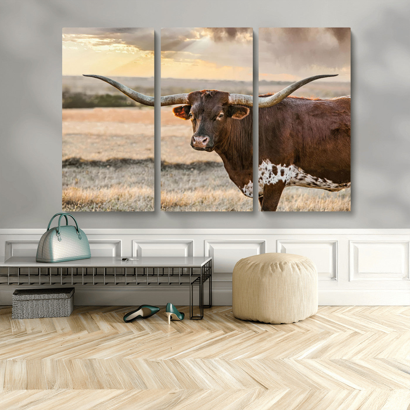 MGV-CV-48X32-3P - Texas Longhorn Wall Art Canvas Print, Rustic Ranch Decor, Majestic Western Longhorn Cattle
