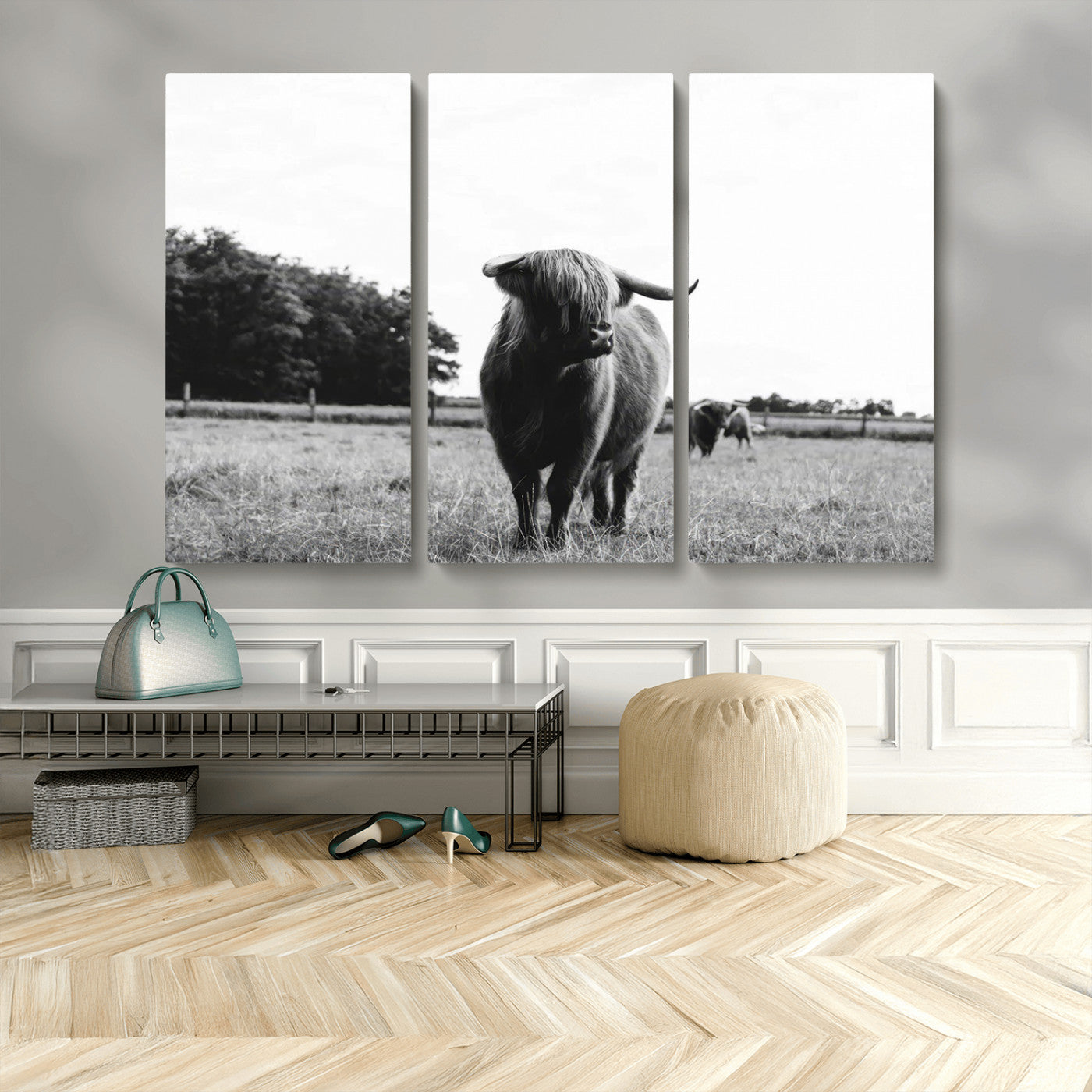 MGV-CV-48X32-3P - Black and White Highland Cow Wall Art Canvas Print | Rustic Western Decor for Living Room or Office,