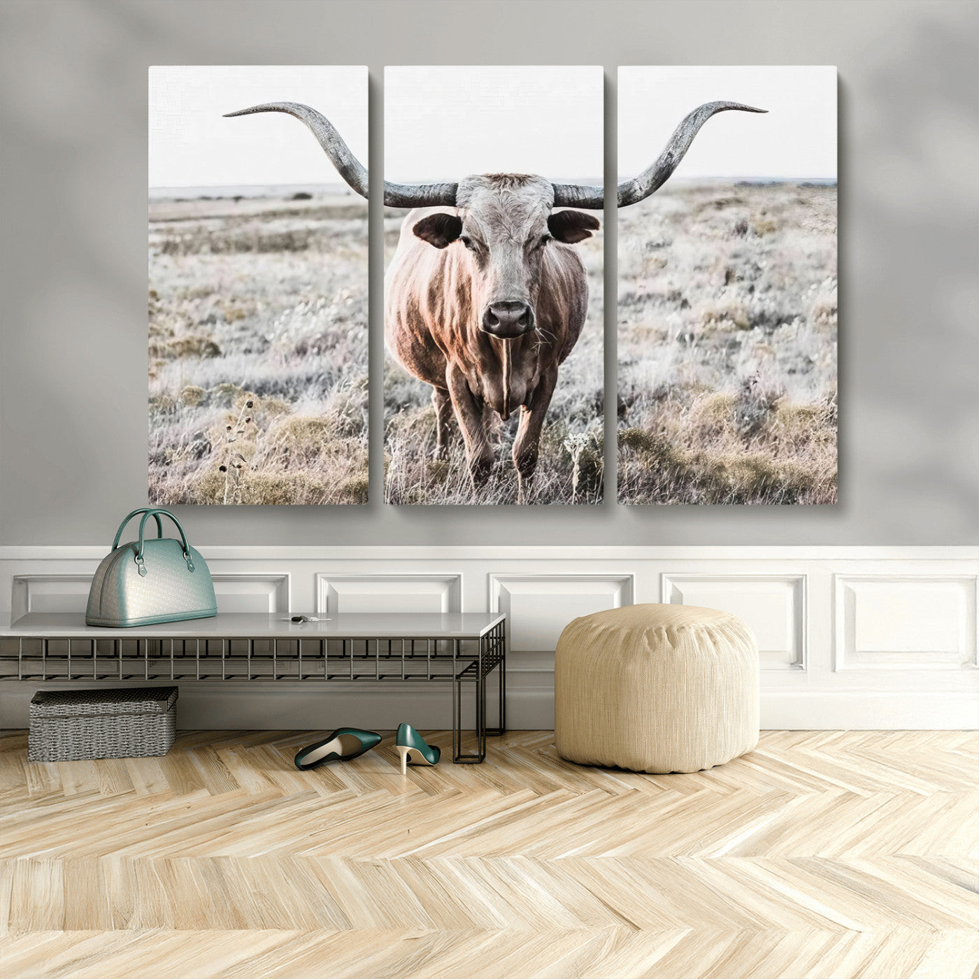 26121-MGV-CV-48X32-3P-Rustic Texas Longhorn Wall Art Canvas Print | Western Farmhouse Decor for Living Room or Office,