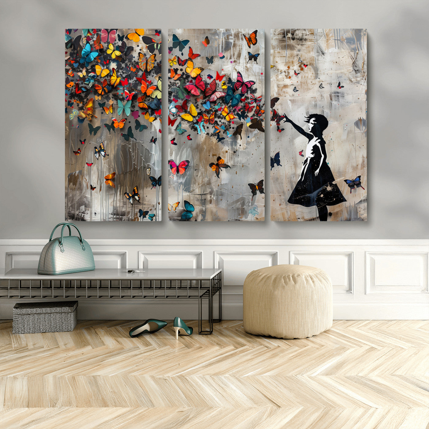 MGV-CV-48X32-3P - Banksy Wall Art - Banksy Girl and Butterfly Explosion Wall Art Canvas Print | Girl with Butterflies