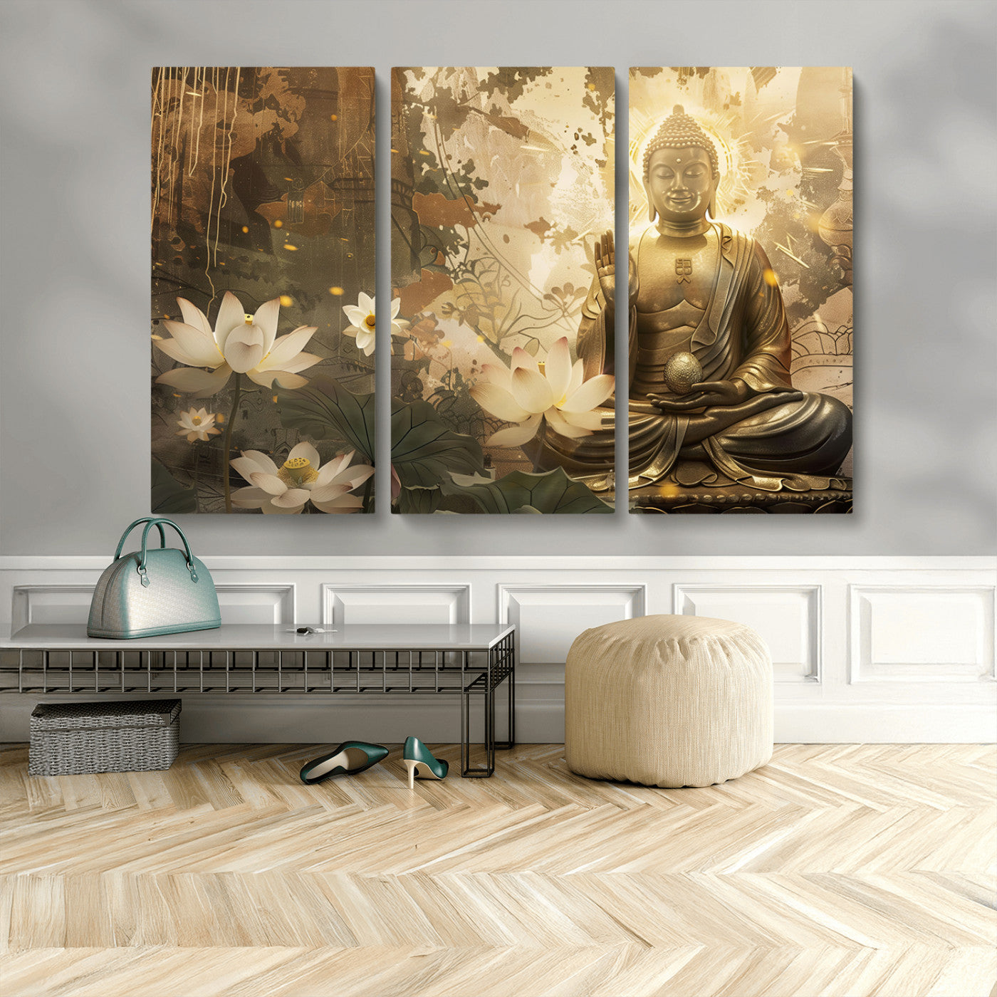 MGV-CV-48X32-3P - Zen Buddha Wall Art Canvas Print | Peaceful Meditation Decor with Lotus Flowers | Spiritual Serenity
