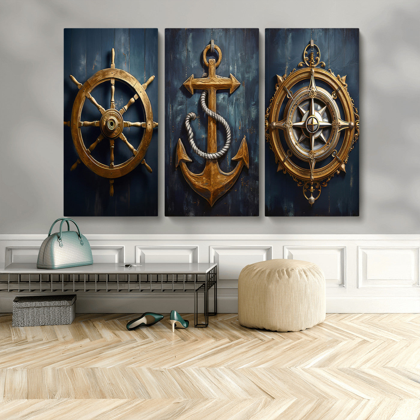 MGV-CV-48X32-3P - Boat Anchor Compass With Rope Wall Art Canvas Print | Beach House Wall Art