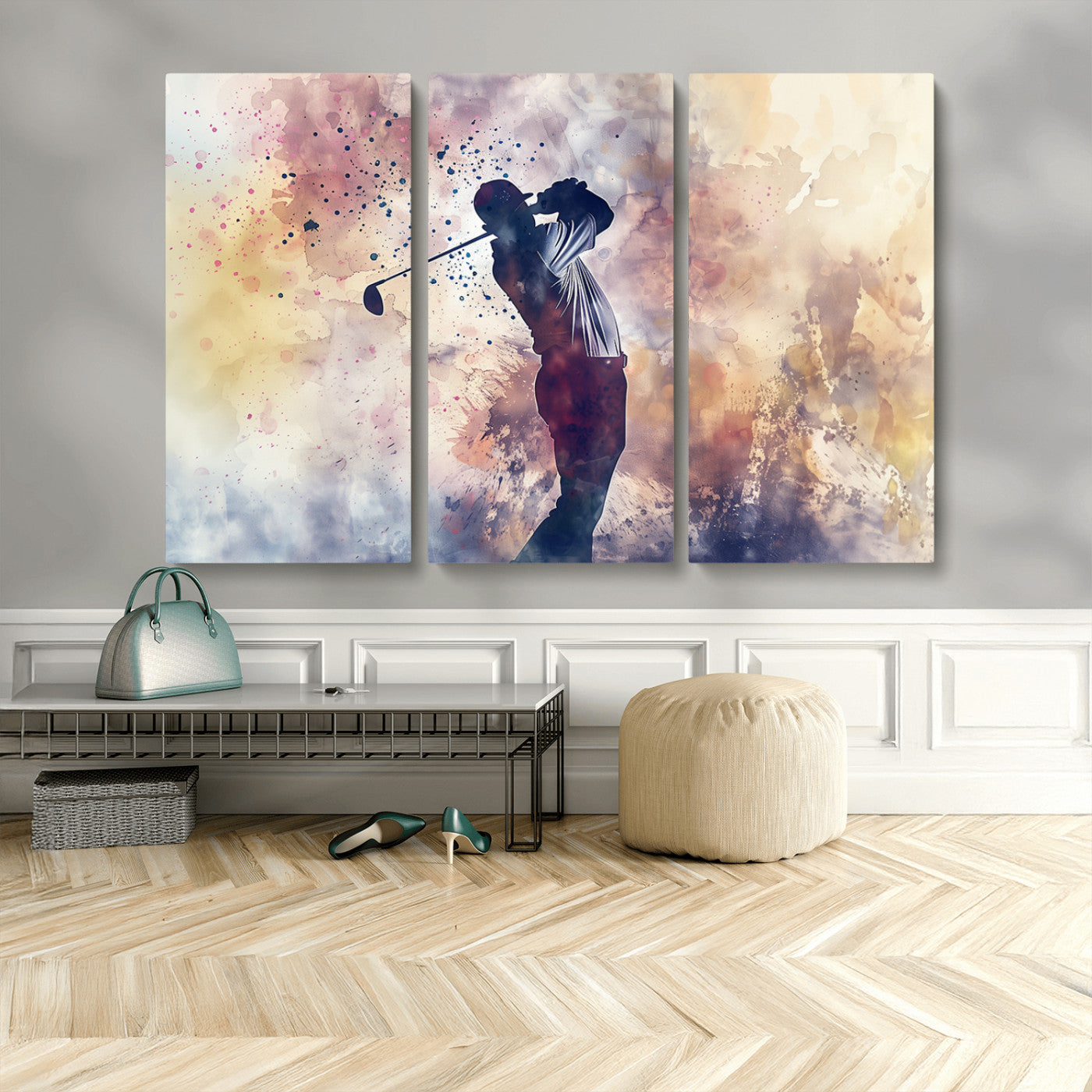 MGV-CV-48X32-3P - Abstract Watercolor Golf Player Wall Art Canvas Print