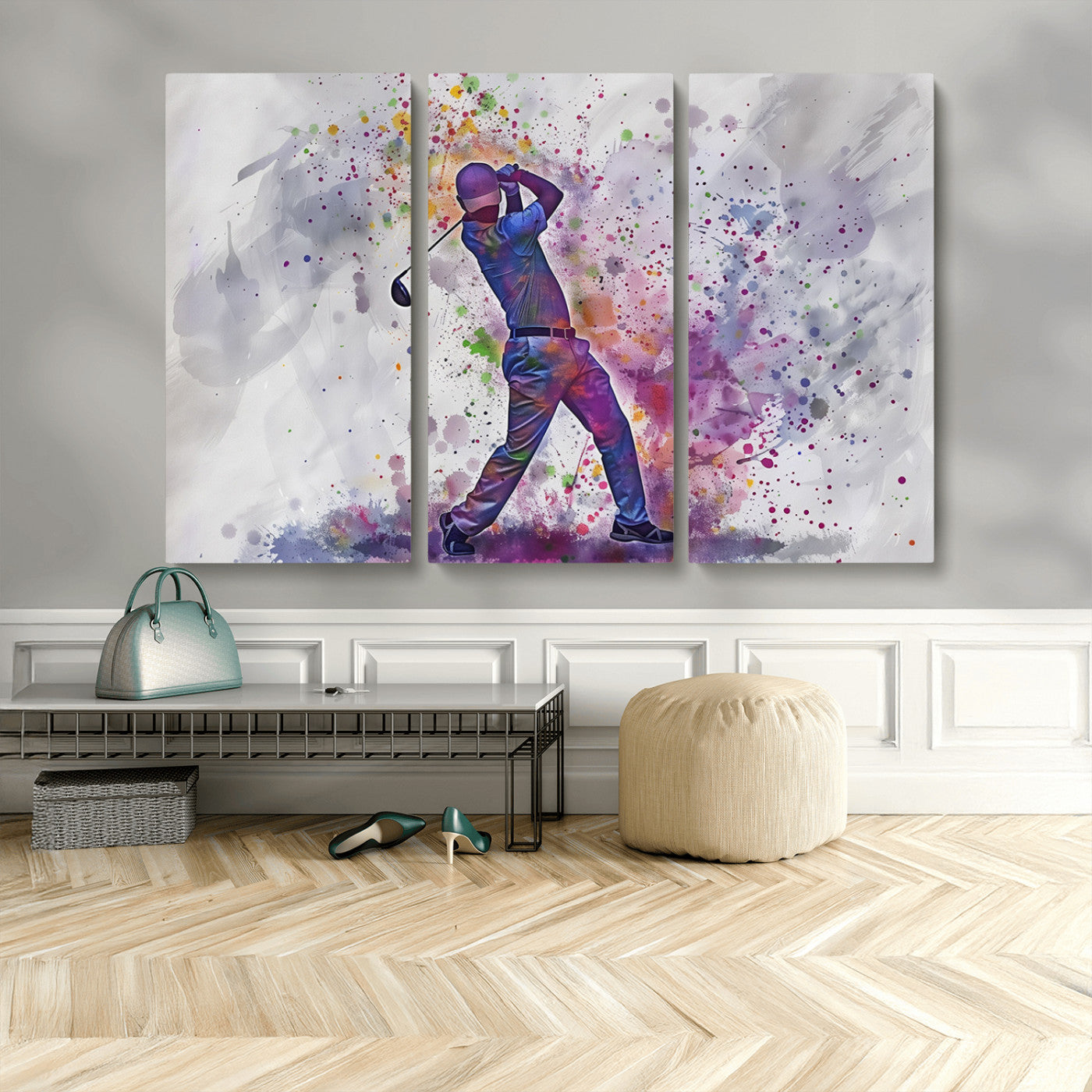 MGV-CV-48X32-3P - Watercolor Golf Swing Wall Art Canvas Print | Vibrant Abstract Golf Player Silhouette |