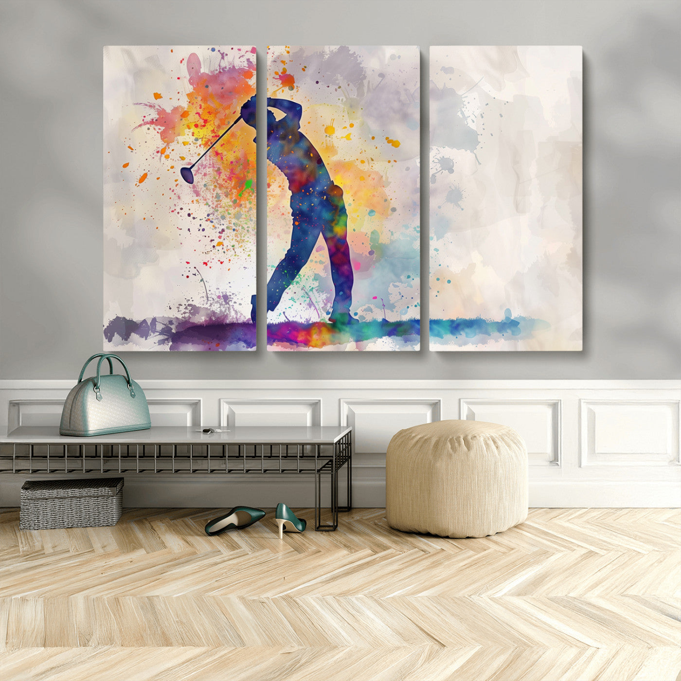 MGV-CV-48X32-3P - Watercolor Golf Swing Wall Art Canvas Print | Vibrant Abstract Golf Player Silhouette |