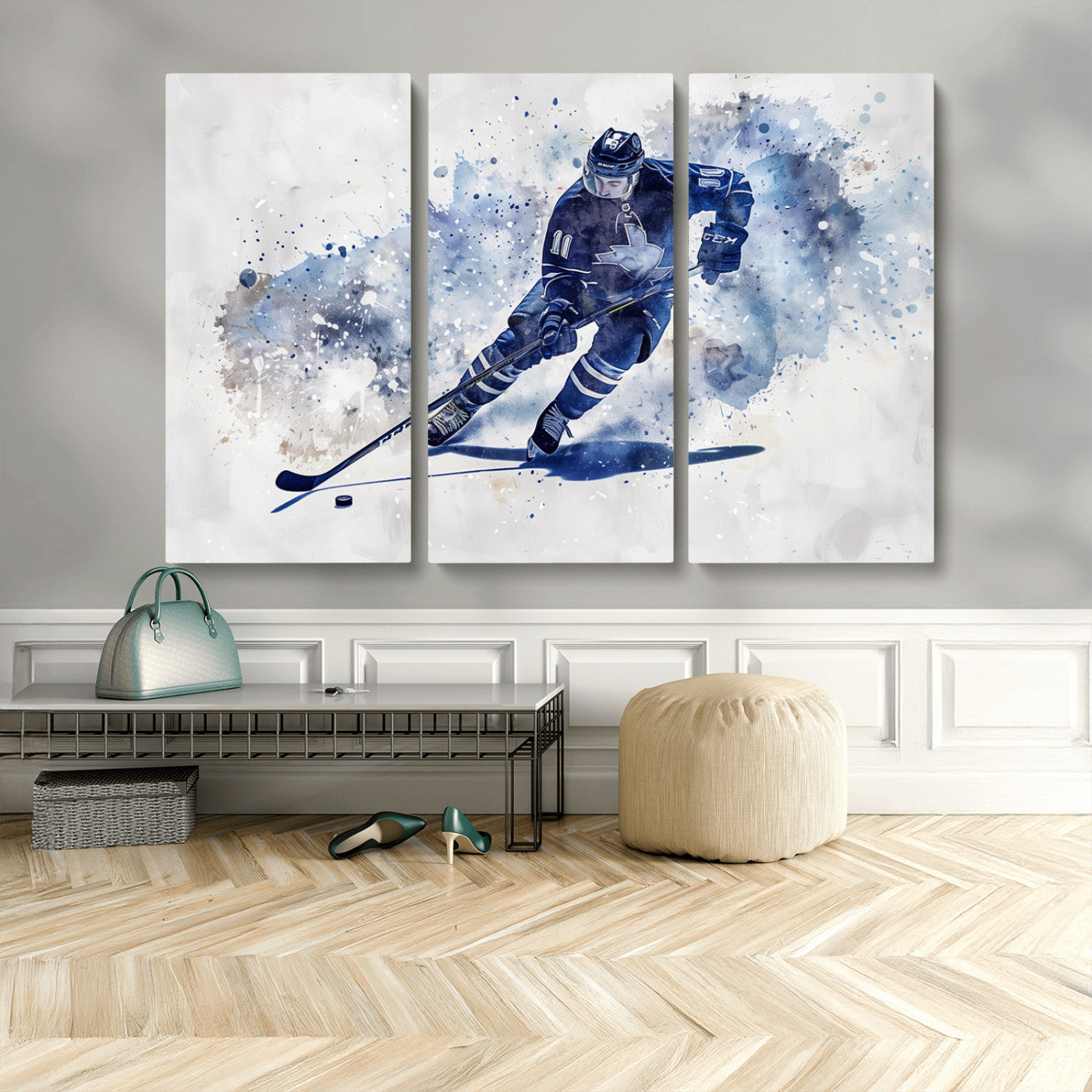 MGV-CV-48X32-3P - Hockey Player Wall Art Canvas Print - Sports-Inspired Watercolor Decor - Ready to Hang