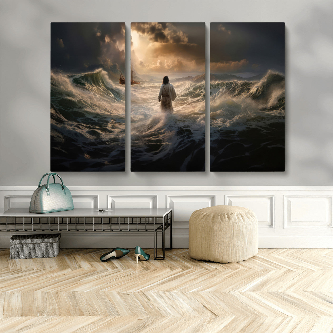 MGV-CV-48X32-3P - Jesus Walking on Water Wall Art Canvas Print - Religious Spiritual Decor - Jesus Wall Art Canvas